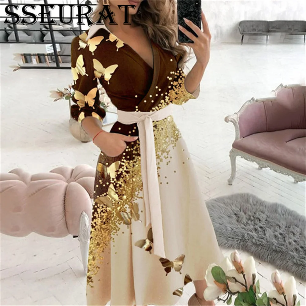 

SSEURAT Office Lady Elegant Autumn Long Sleeve Dress Women Casual Turn-Down Collar Belt Dress Sexy V Neck Slim Long Party Dre