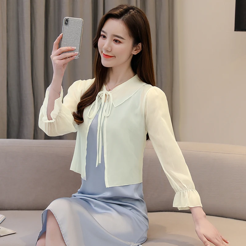 Повседневный Кардиган шифоновая рубашка с бантом и Расклешенным рукавом блузка