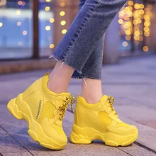 Zapatillas de deporte gruesas informales para mujer, zapatos planos de malla transpirable con plataforma, color amarillo y naranja, para verano, 2020