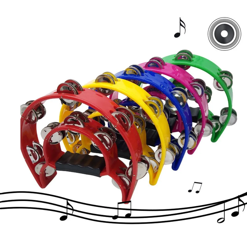 

Double Row Tambourine Metal Jingles Hand Held Percussion Instrument Ergonomic Handle Half Moon Bright Sound Musical Accessories