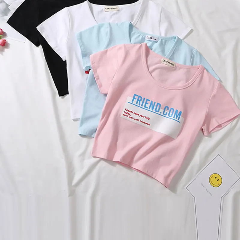 Женский короткий топ с буквенным принтом однотонный облегающий коротким рукавом