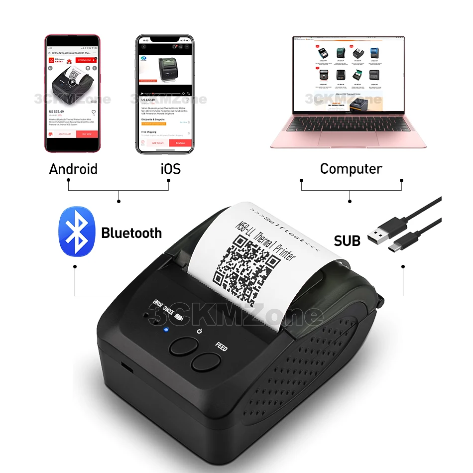 Портативный Bluetooth принтер 58 мм Мини Термальный чековый для мобильного телефона