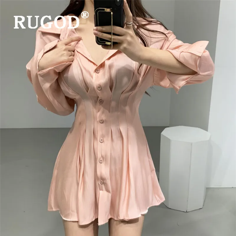 RUGOD Korean chic Floodlight women dress Elegant turn-down collat slim office ladies mini party Casual solid tunic dresses | Женская