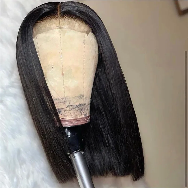 

Middle Part Short Cut Bob Lace Front Wigs for Women Black Color Synthetic Hair Glueless with Babyhair Natural Hairline Straight