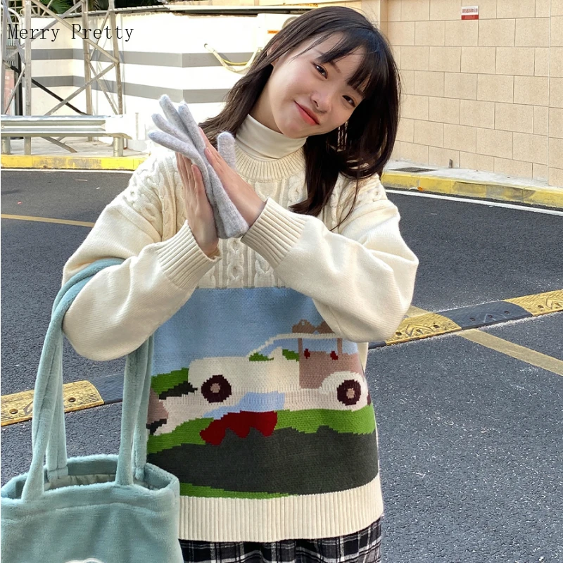 

Harakuju Jacquard Kawaii Women Sweaters Cute Knitted Pullover 2021 Winter Warm Coat Sweet Style Girly Basic Soft Jumpers Tops