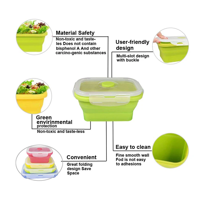 

4 Sizes Collapsible Silicone Food Container Portable Bento Lunch Microware Home Kitchen Outdoor Food Storage Containers