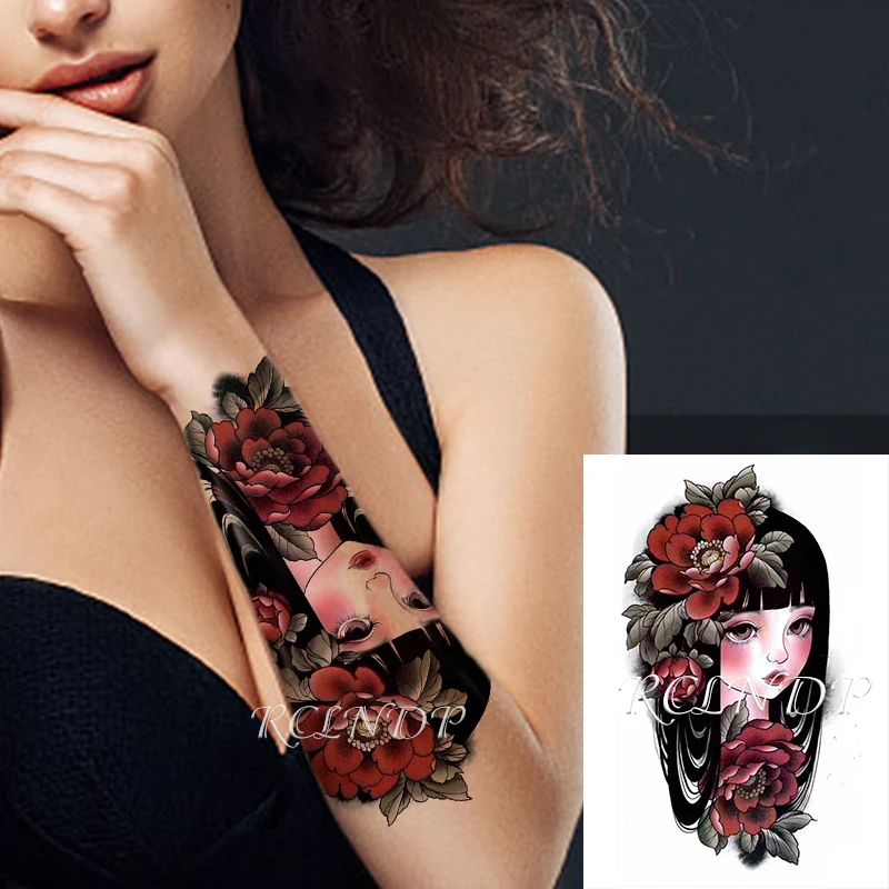 

Водостойкая Временная тату-наклейка, мультяшный большой глаз, черные волосы, девушка, пион, цветок, искусственная тату флэш-тату, искусство на руку для мужчин и женщин