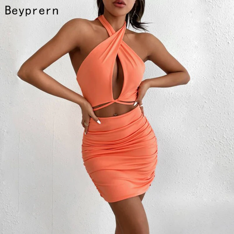 

Модное однотонное облегающее мини-платье Beyprern с открытой спиной и вырезом на шее, летнее сексуальное Клубное платье в стиле бохо, вечерние п...