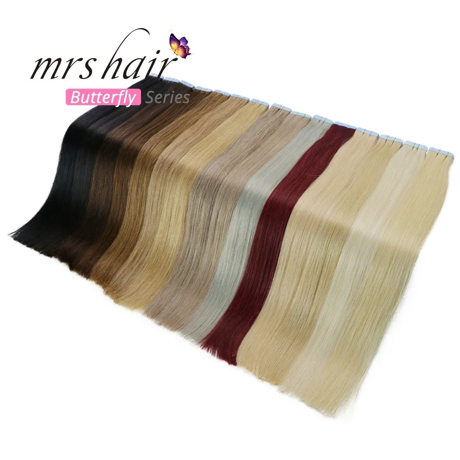 MRSHAIR, 12 дюймов, пряди человеческих волос для наращивания, прямые волосы remy на клейкой ленте, искусственная кожа, уток, невидимый, 20 шт
