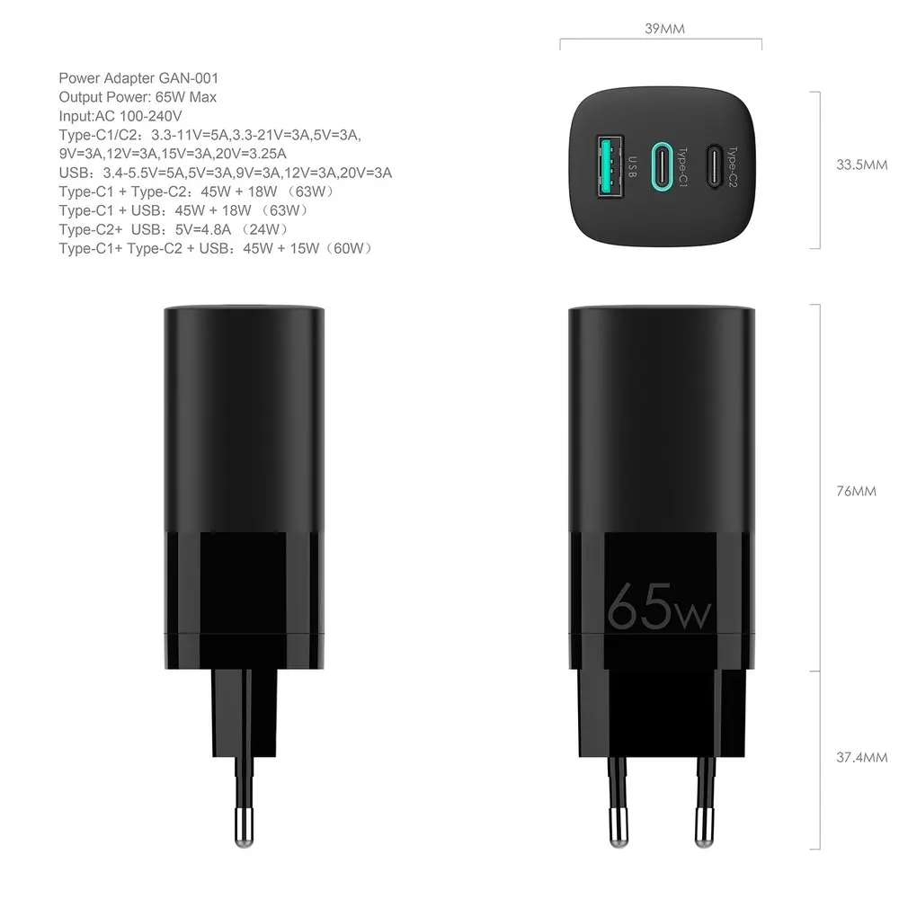 

65W Quik Charge 3.0 USB Fast Charging PD Gan Charger For IPhone For Mobile Phone Laptop Tablet Charge Adapter