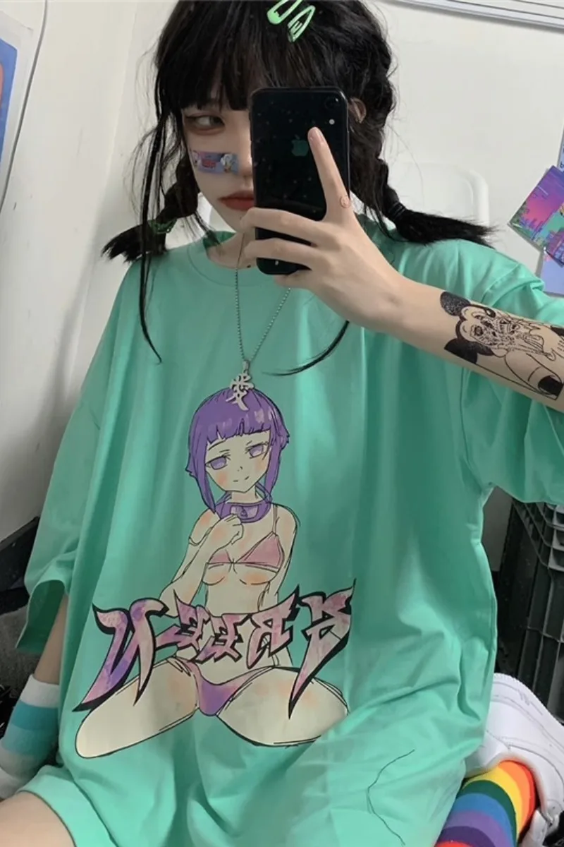 

Summer short-sleeved women 2021 new Korean version of ins cartoon girl print student loose round collar top t-shirt tide