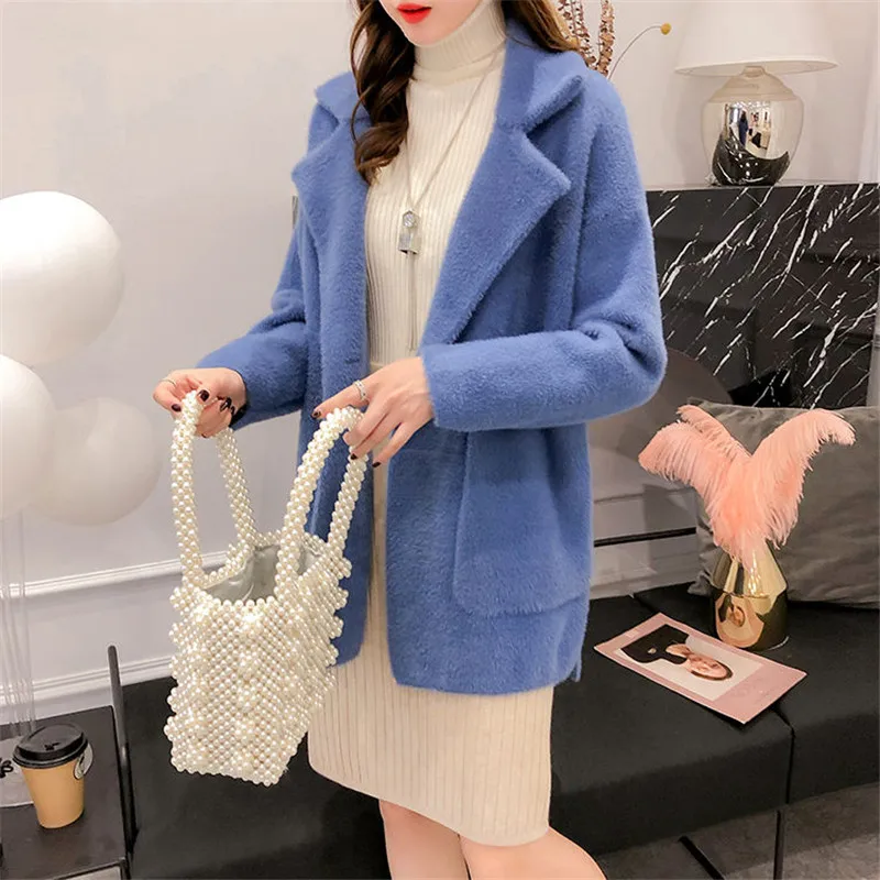 

2022 Autumn And Winter New Women's Long-sleeve Mink Fur Coat Loose Thick Sweater Cardigan Korean Color jacket Female
