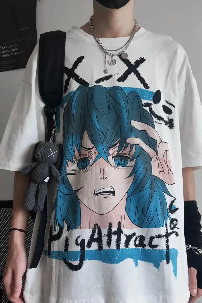 

Women Casual Tshirts White Cartoon Demon Slayer Printed Streetwear Long Loose Female Tops Tee Short Sleeve T-shirt Hip Hop Tops
