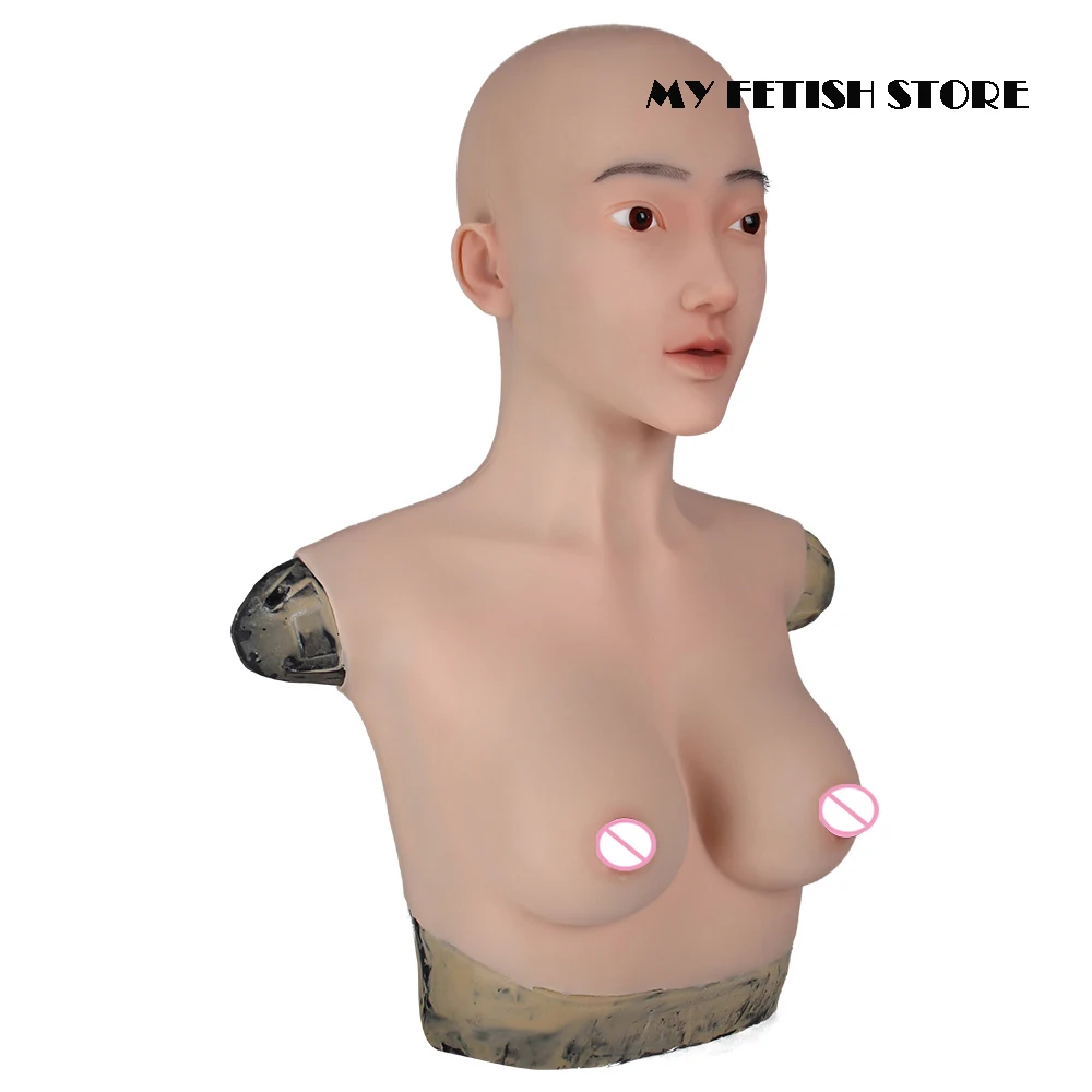 (Christin-1G)Crossdress Full Head Realistic Silicone Girl Female Disguise Party Cosplay Transgender Mask With C Cup Breast Torso
