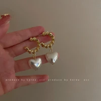 trendy korea style hoop earrings new retro metal twist round splicing love heart shaped pearl pendant earrings women