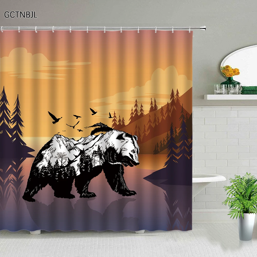 

Brown Bear Printing Shower Curtains Forest Animals Cartoon Bathroom Decor Fabric Washable Children's Bathtub Screen With Hooks