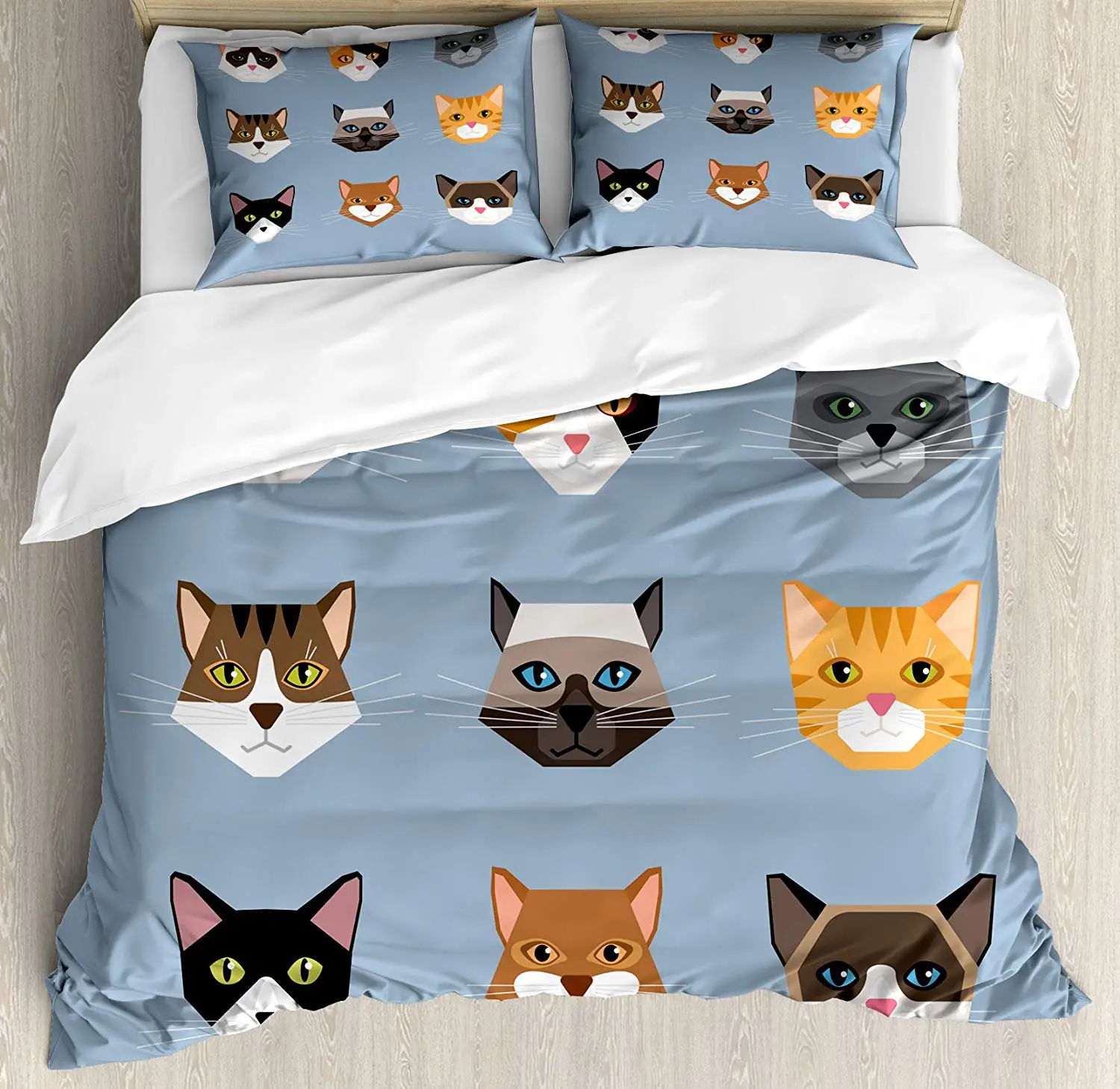 Cat Duvet Cover Set Animal Portrait Set with Kittens Face Whiskers Contemporary Caricature Pattern Decorative 3 Piece Bedding