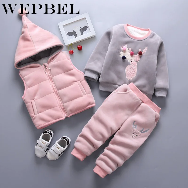 WEPBEL Children Kids Boys Girls Clothing Sets Winter Hooded Woolen Vest Jackets Pants Thick Warm Tracksuts Trousers | Детская одежда и