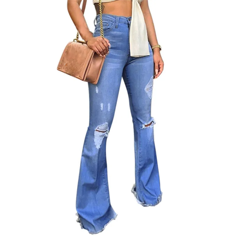 Woman's Jeans Women High Waist Hole Button Tassel Pants Trousers Bell-bottom Woman Skinny | Мужская одежда