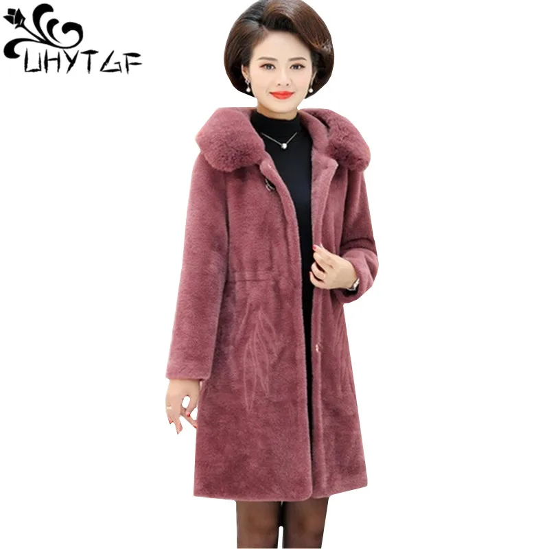 

UHYTGF Winter coat female Quality mink cashmere wool jacket fur collar hooded windproof warm coats women 5XL Plus size top 1190