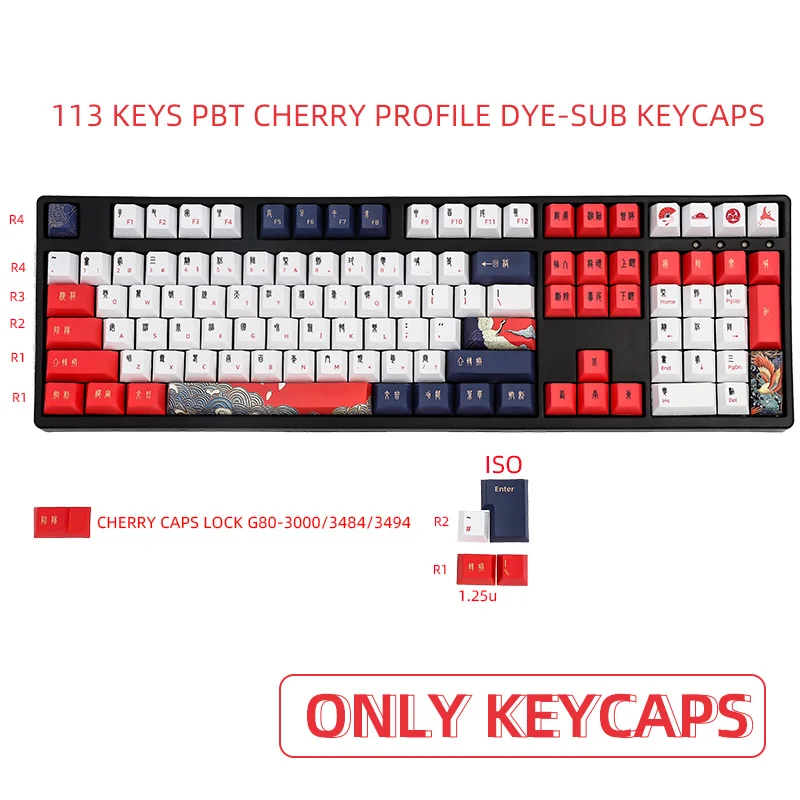 

113 Keys PBT Keycaps Dye Sub Cherry Profile Red-crowned crane Keycap For Cherry MX Switch 61/87/104/108 Mechanical Keyboard