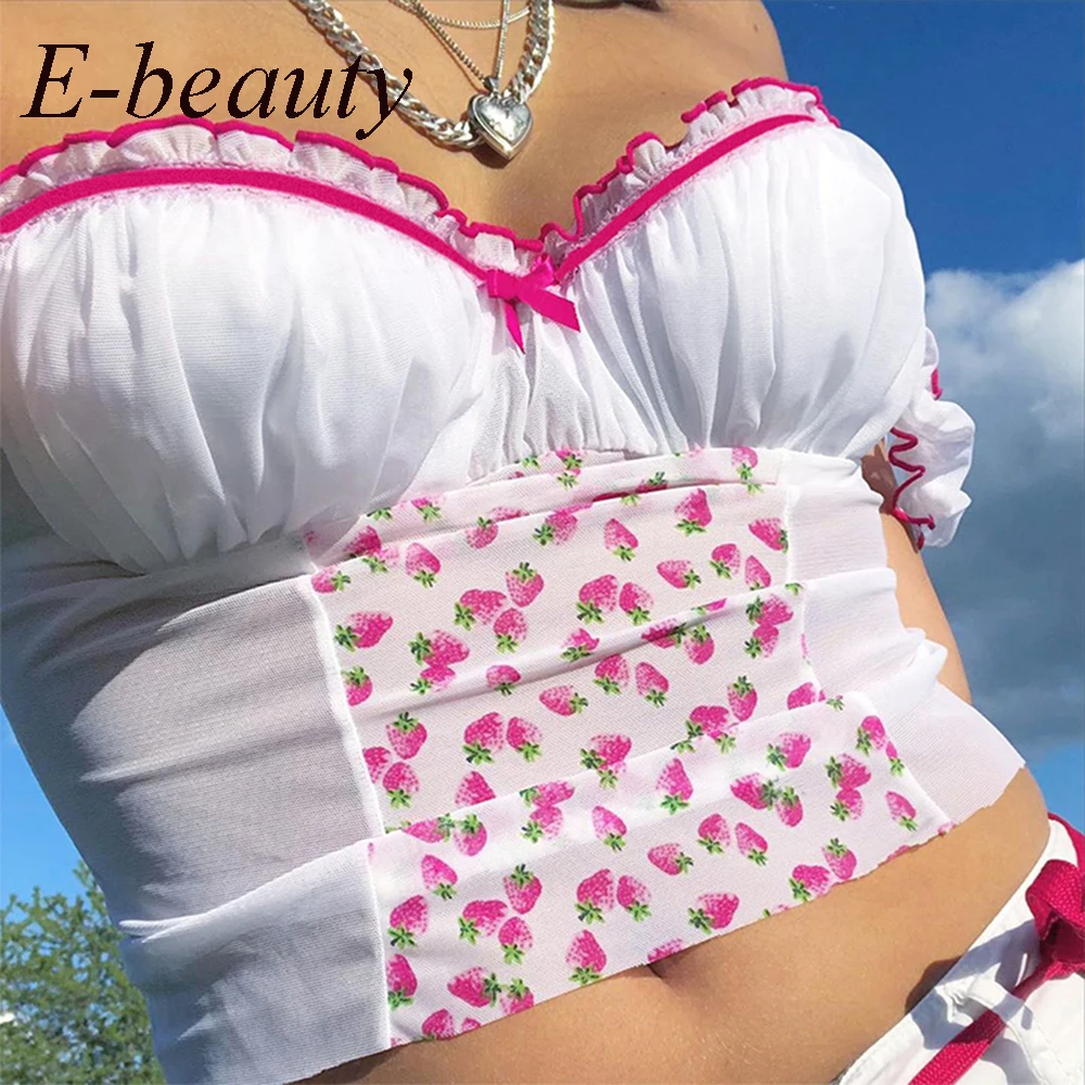 Unif кружева камзол женские летние топы 2020 с изображением клубники для Harajuku