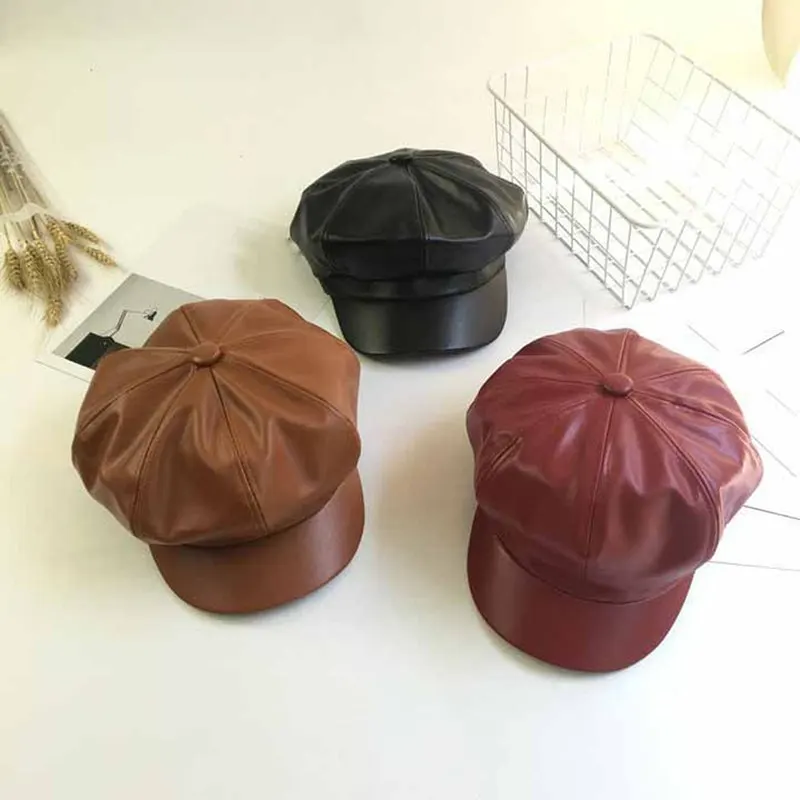 

Vintage Fashion Autumn Winter Caps1Pc 3 Colors Male Female Casual Solid Color PU Leather Octagonal Cap