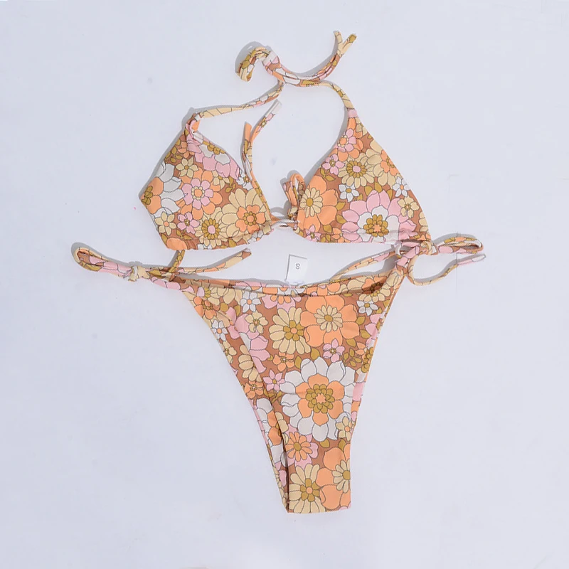 

2021 Triangle Micro Bikini Set Halter Push Up Swimsuit Women String High Cut Swimwear Female Sexy Floral Print Bathing Suit Swim