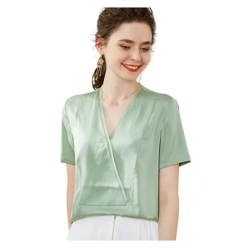 

V-neck V-neck Short Sleeve Pure Color Silk Shirt Design Sense Non-Mainstream Small Shirt 2020 Fashion New Style