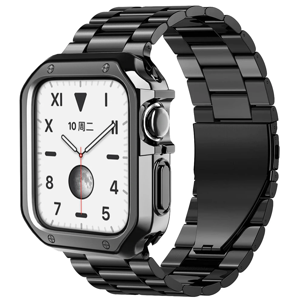

silicone Protector case+metal strap For apple watch band 45mm 44mm 42mm 41mm 40/38 stainless steel bracelet series 3 4 5 6 se 7