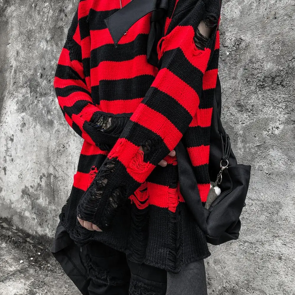 Black Red Striped Sweaters Washed Destroyed Ripped Sweater Men Hole Knit Jumpers Men Women Oversized Sweater Harajuku images - 6