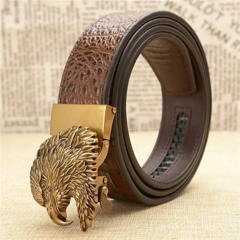

Creative Eagle Head Waistband for Male Alloy Automatic Buckle Westren Carved Pattern Men Belt Casual Glod Sliver Male Girdle