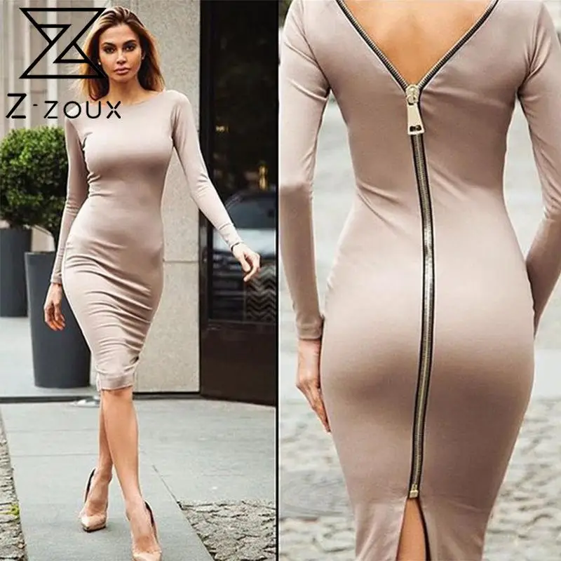 

Z-ZOUX Women Dress Temperament High Waist Wrap Hip Back Zipper Split Full Sleeve Slim Thin Ladies Dresses 2021 Autumn Fashion