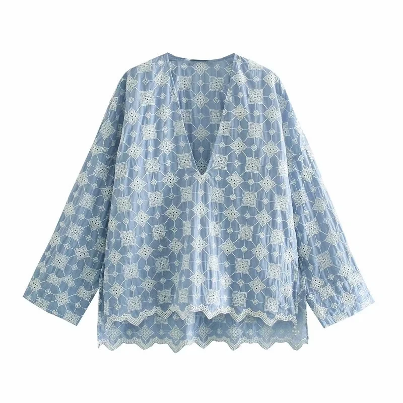 

Za Women 2021 Fashion Embroidery Asymmetry Loose Blouses Vintage Drop-Shoulder Sleeves Side Vents Female Shirts Chic Tops
