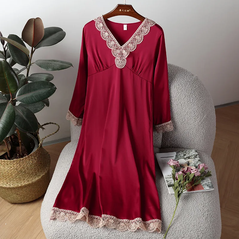 

Female Lace Nightwear V-Neck Satin Sleepwear Long Sleeve Nightgown Summer Thin Home Dressing Gown Sleeping Skirt Sleep Dress