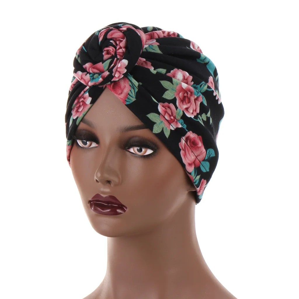 

Fashion Floral Printed Muslim Turban Round Top Knot Bonnet Hat Flower Head Cover Headscarf Resuable Muslim Cap 2021