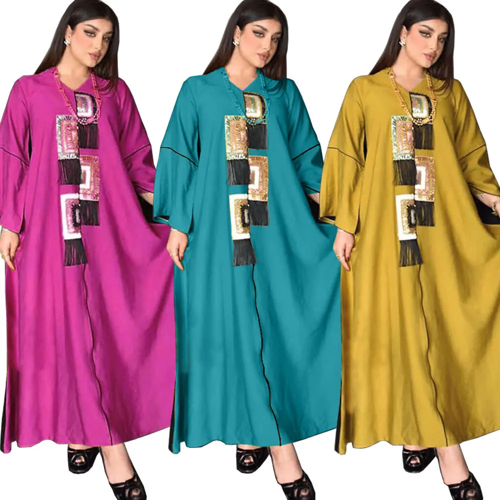 Женское платье в национальном стиле, Средний Восток, абайя 2022, модные элегантные арабские мусульманские Макси-платья с блестками, кисточкам...