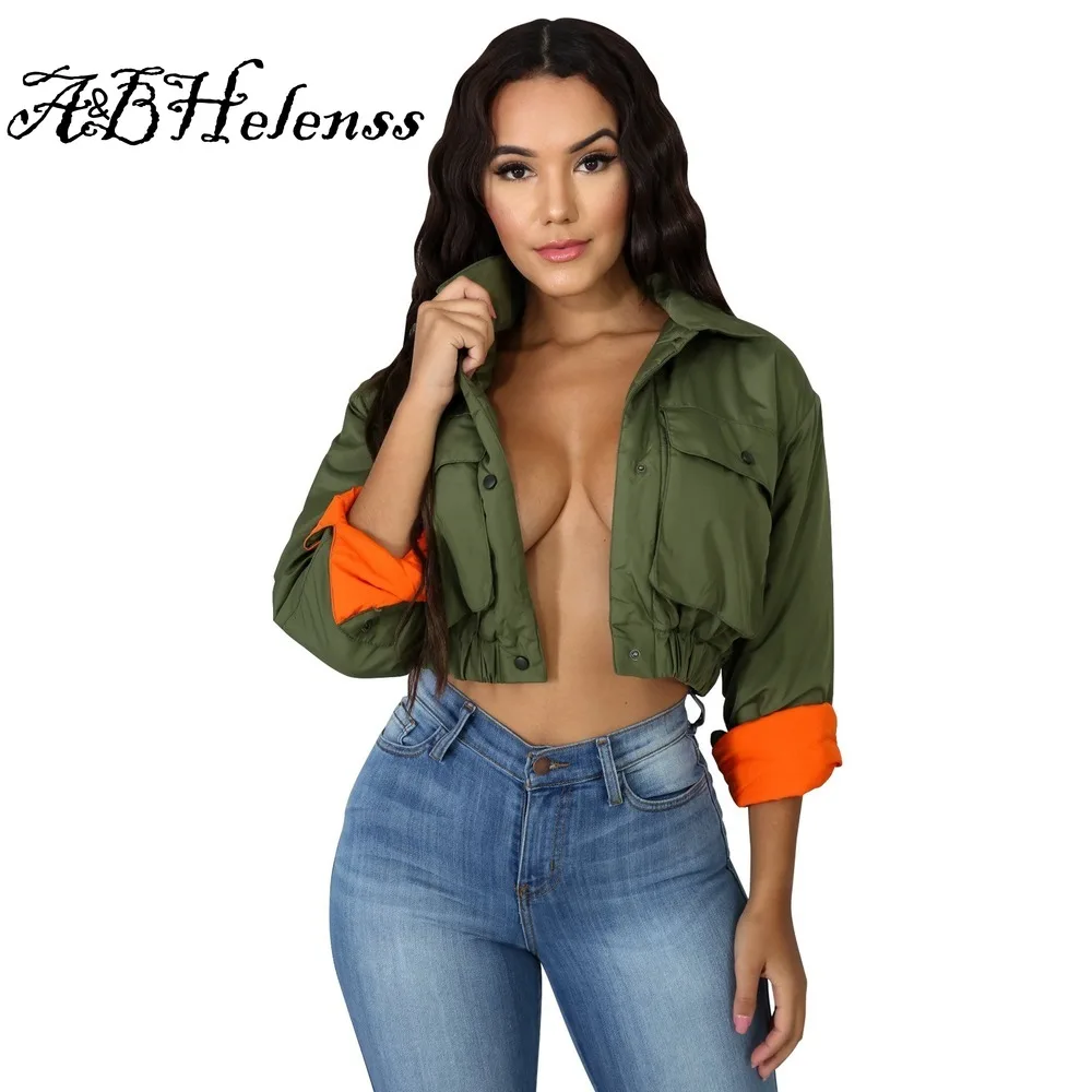 

A&BHelenss long sleeve parkas cropped coat army green ruched bomber jackets denim jacket women