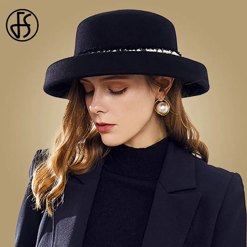 FS элегантные женские фетровая шляпка шерстяная шляпа с широкими полями Черный