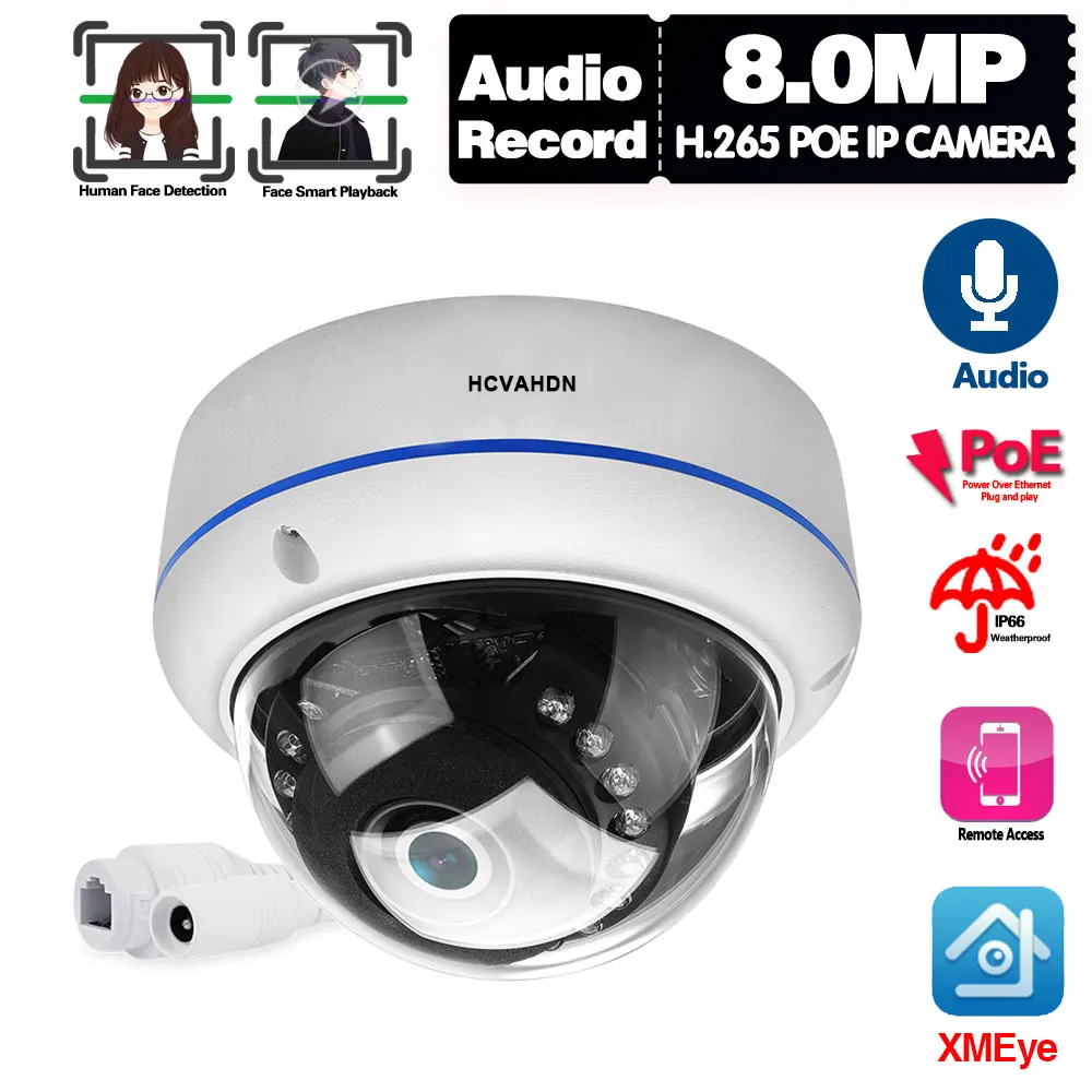 

4K POE CCTV Dome Camera Outdoor Face Recognition Security Camera 8MP Wateproof XMEYE Video Surveillance IP Cam P2P Audio H.265