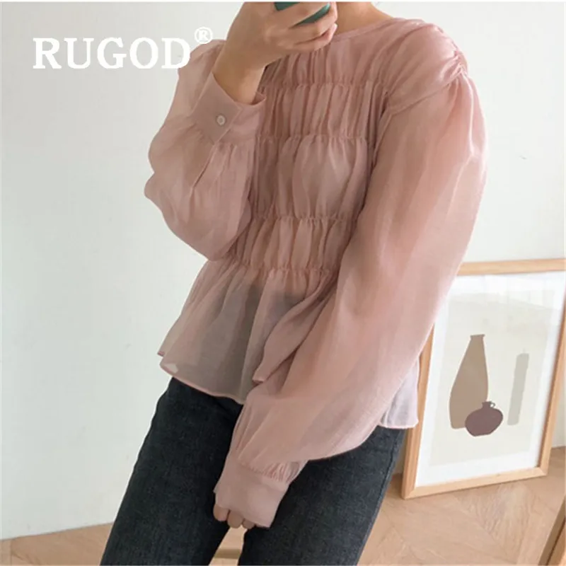 

Модная плиссированная рубашка RUGOD для женщин, Повседневная Весенняя блузка с круглым вырезом и длинным рукавом, милая розовая Женская блузк...