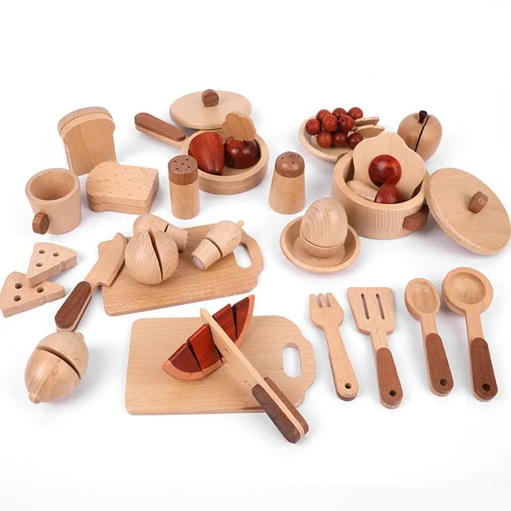 

Children's Log Wooden Kitchen Toy Set Pretend Play Simulation Tableware Miniature Mini Food Educational Toy Gift For Children