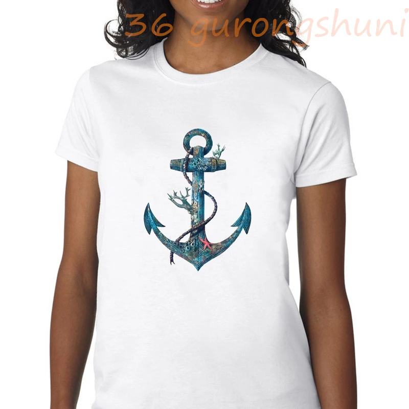 

ship's anchor graphic t shirts pirate boat tshirt white summer top tops women t shirt korean clothes womens clothing cow print