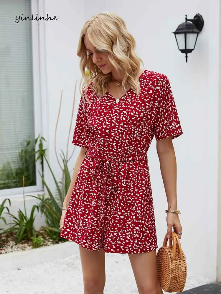 Женский Короткий комбинезон yinlinhe красный цветочный с поясом и зауженной талией