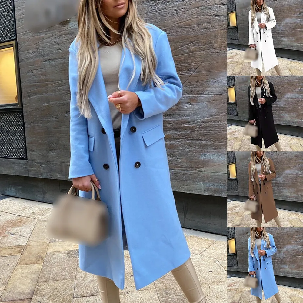 

Oversize Simple Solid Elegant Stylish Warm Woolen Coat Commuting Temperament Double-Breasted Office OL Suit Long Coat