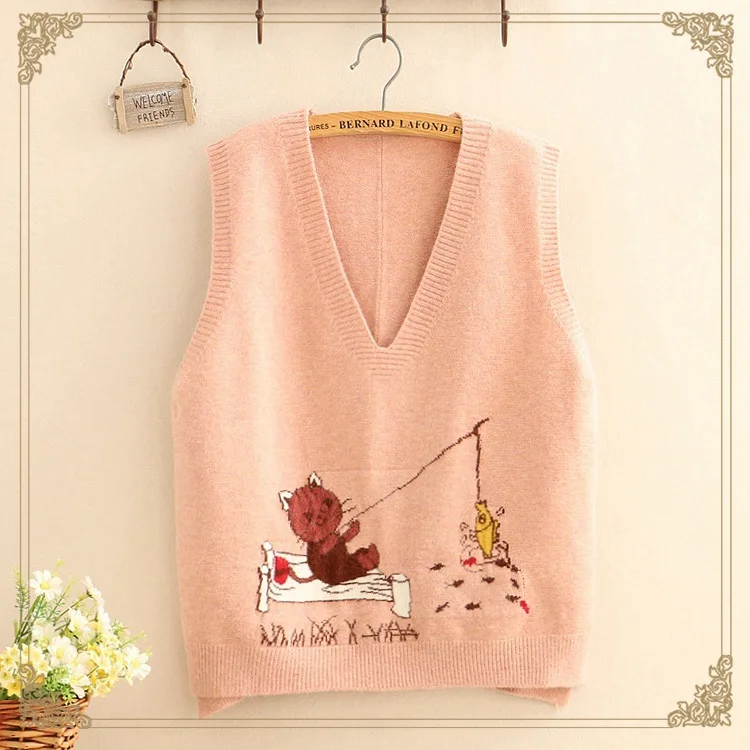 Повседневный милый жилет с мультяшным котом и рыбкой 5 цветов v образным вырезом
