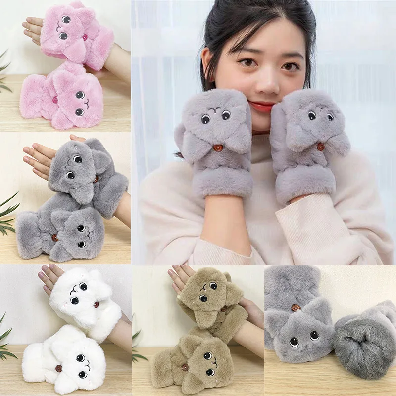 Plush Cat Fingerless Gloves Fur Mittens Winter Soft Warm Thicken Gloves for Women Girl Half Finger Cold-Proof Gloves Dropship