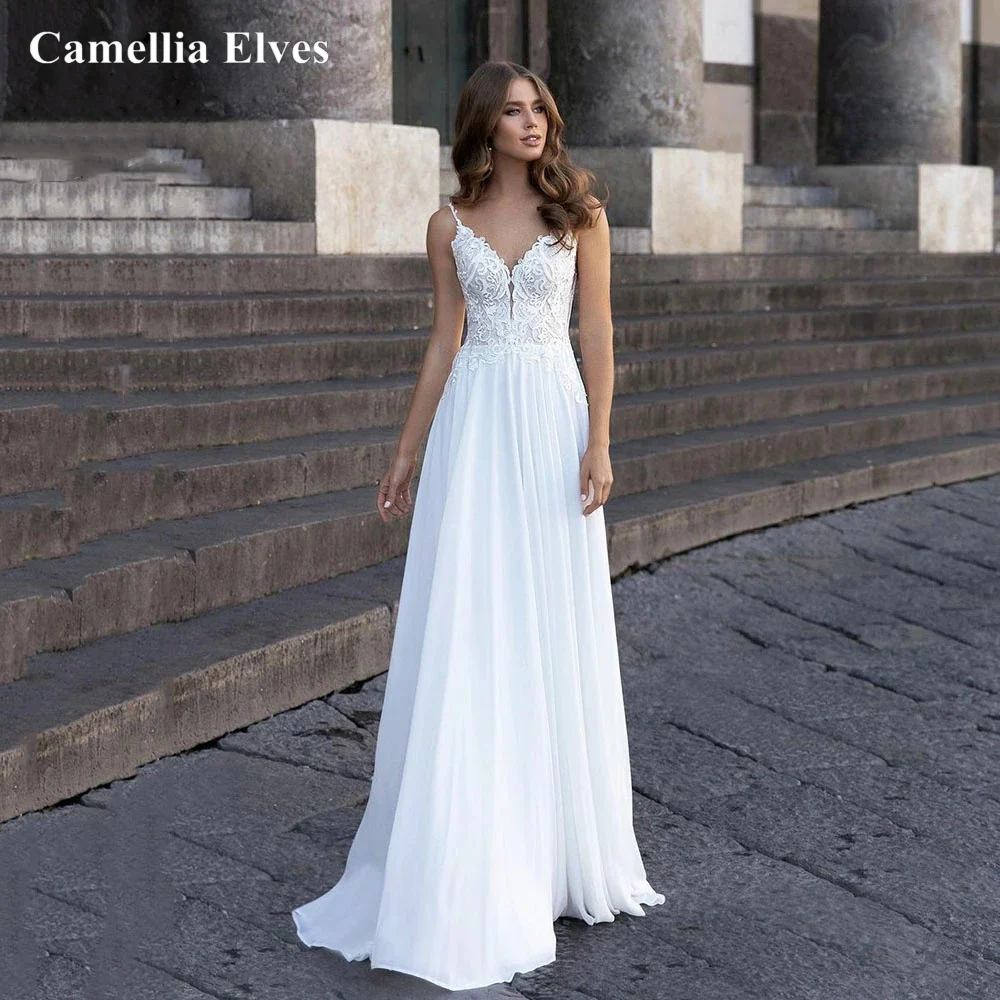 Купи Simple Chiffon Lace A Line Wedding Dresses 2022 For Women Beach Boho Bride Gowns Appliques Backless Bridal Dress Robe De Mariée за 5,203 рублей в магазине AliExpress