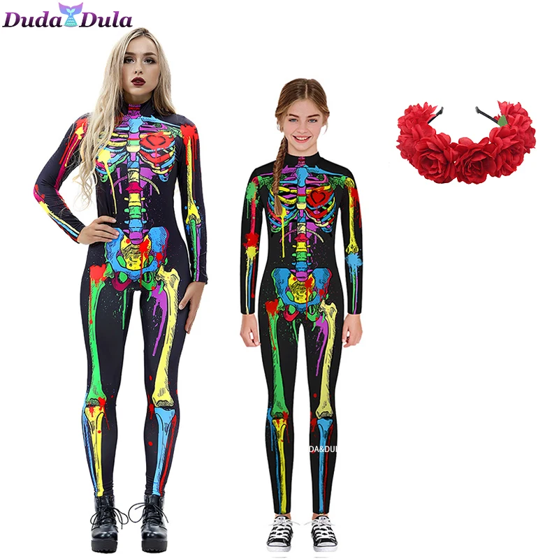 

Kids Adult Skeleton Print Halloween Cosplay For Women Ghost Jumpsuit Party Performance Scary Costume Bodysuit Parent-Child Suit