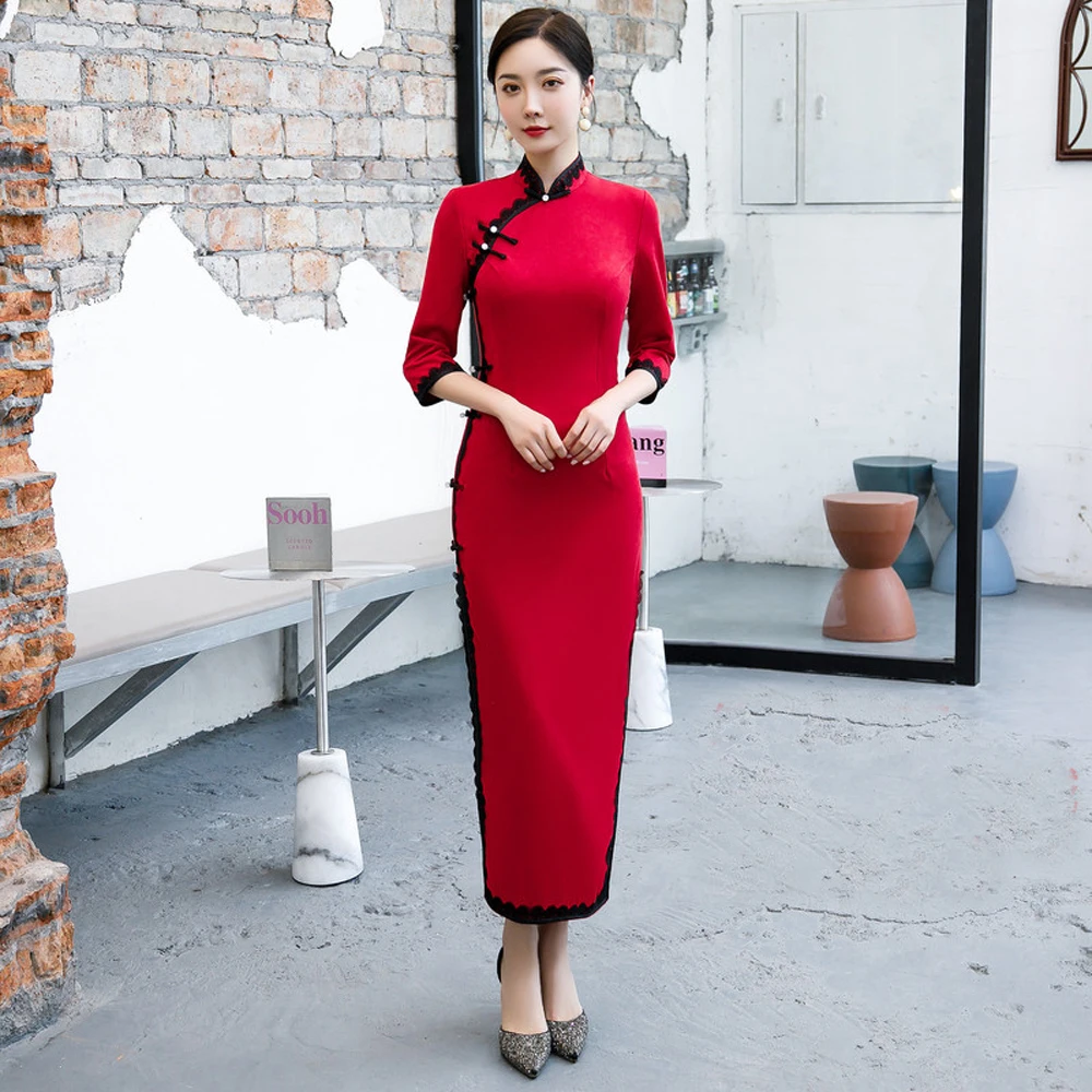 

Oriental Fashion Cheongsam Vintage Chinese style half Sleeve Thigh-High Slit Dress Chinese Evening Banquet Party Dress Qipao